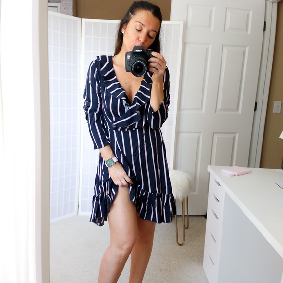 Blue Striped Fit and Flare Ruffle Wrap Dress - Picture 12 of 15